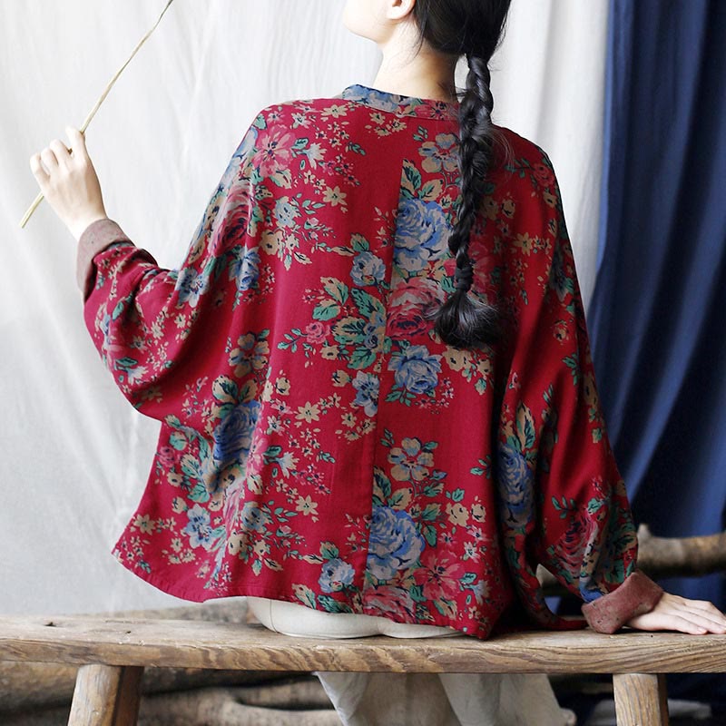 Buddha Stones Red Flowers Green Leaves Print Frog-button Design Long Sleeve Cotton Linen Jacket Shirt