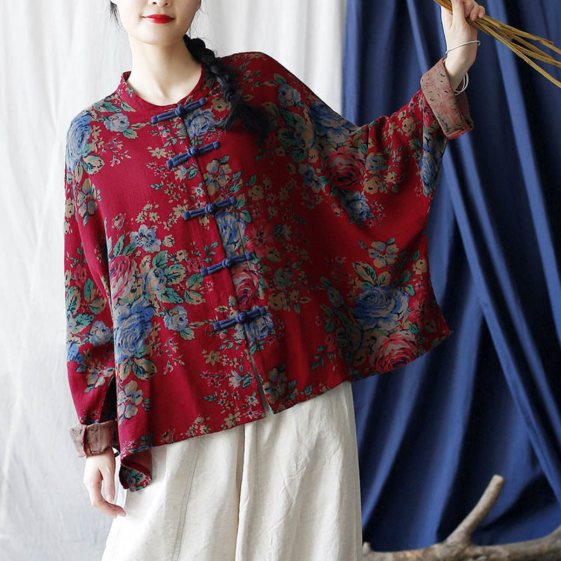 Buddha Stones Red Flowers Green Leaves Print Frog-button Design Long Sleeve Cotton Linen Jacket Shirt