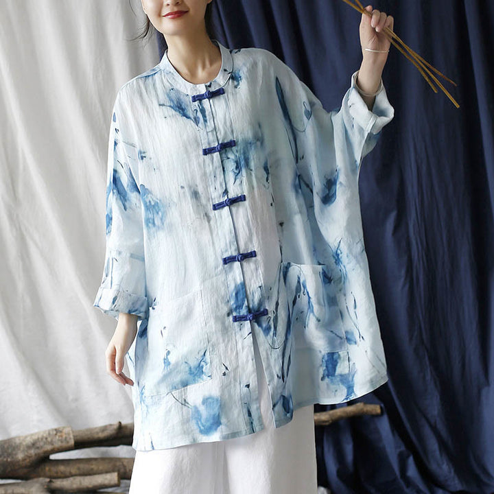 Buddha Stones Blue White Ink Printing Frog-button Design Long Sleeve Ramie Linen Jacket Shirt With Pockets