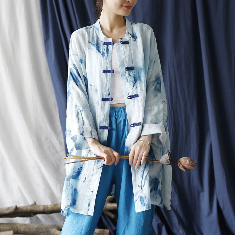 Buddha Stones Blue White Ink Printing Frog-button Design Long Sleeve Ramie Linen Jacket Shirt With Pockets