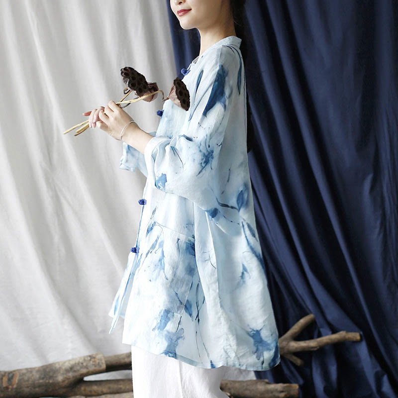 Buddha Stones Blue White Ink Printing Frog-button Design Long Sleeve Ramie Linen Jacket Shirt With Pockets