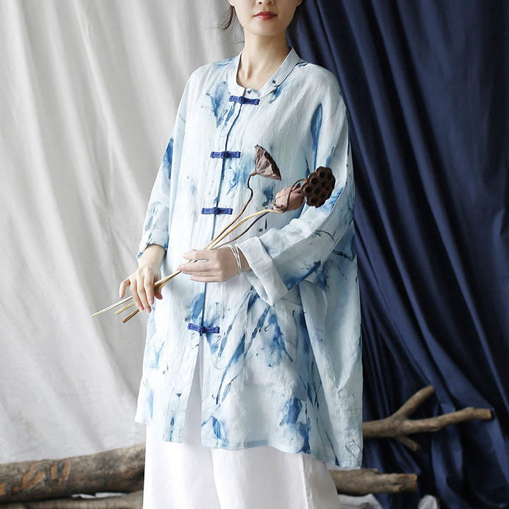 Buddha Stones Blue White Ink Printing Frog-button Design Long Sleeve Ramie Linen Jacket Shirt With Pockets