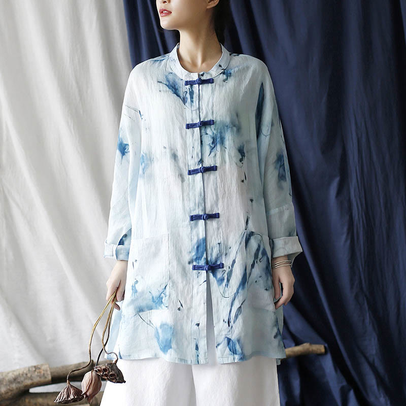 Buddha Stones Blue White Ink Printing Frog-button Design Long Sleeve Ramie Linen Jacket Shirt With Pockets