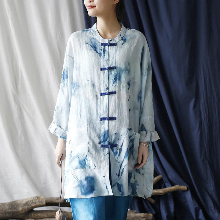 Buddha Stones Blue White Ink Printing Frog-button Design Long Sleeve Ramie Linen Jacket Shirt With Pockets