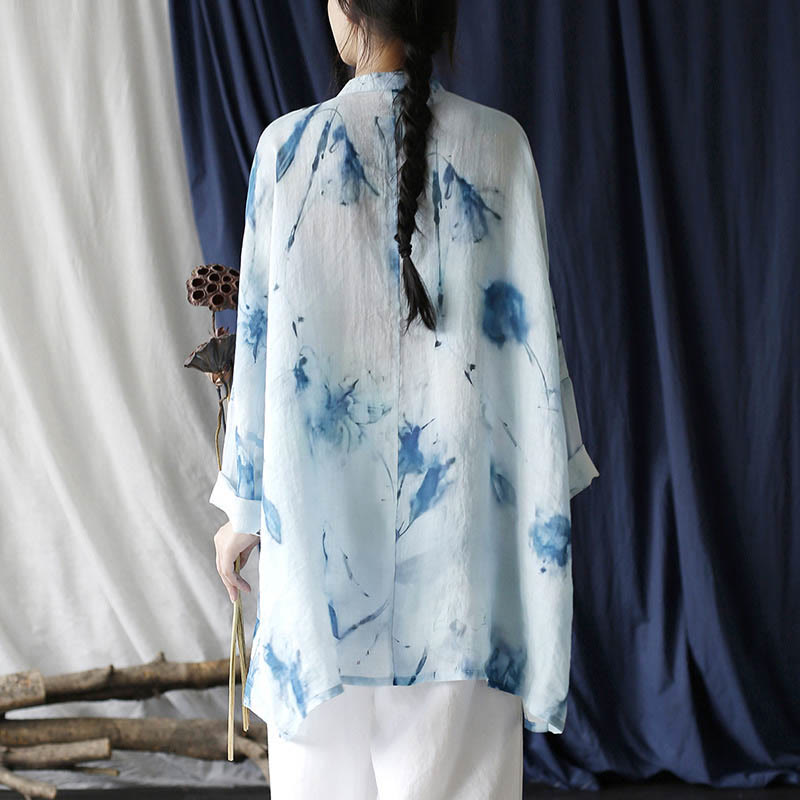 Buddha Stones Blue White Ink Printing Frog-button Design Long Sleeve Ramie Linen Jacket Shirt With Pockets