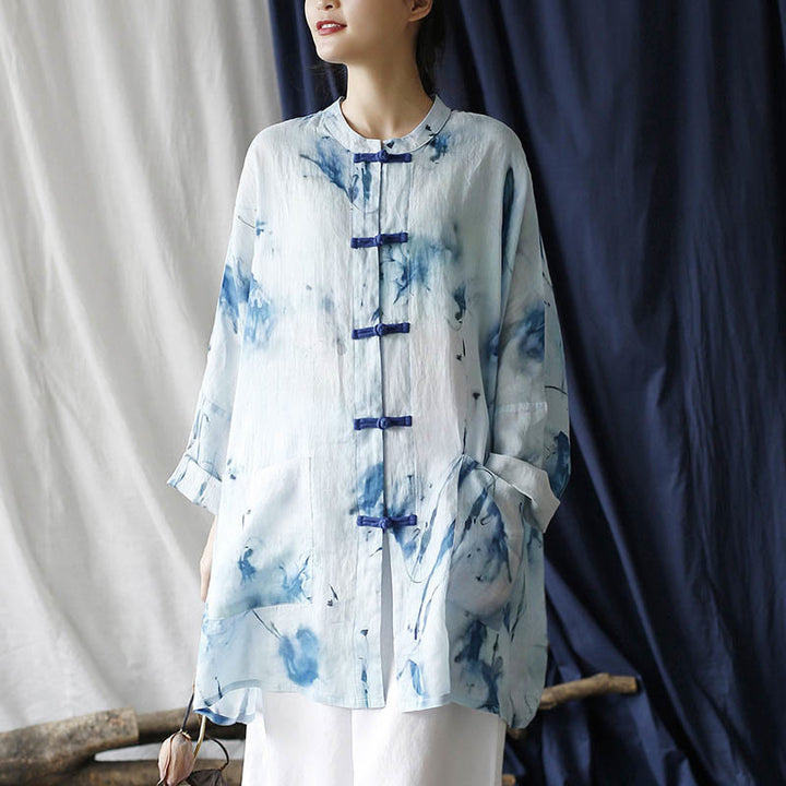 Buddha Stones Blue White Ink Printing Frog-button Design Long Sleeve Ramie Linen Jacket Shirt With Pockets