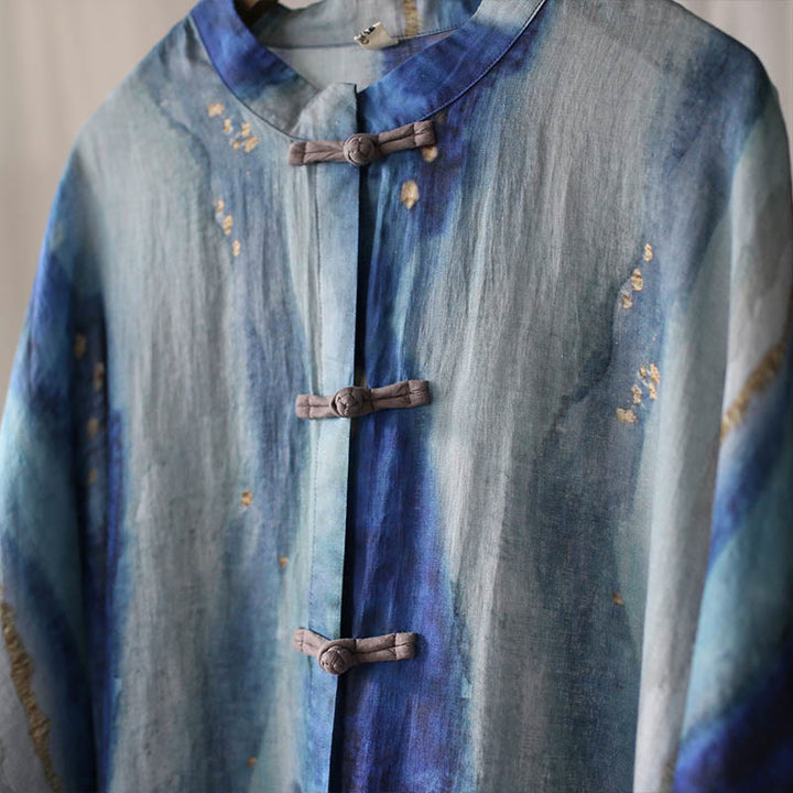 Buddha Stones Blue White Beige Small Flower Frog-button Design Long Sleeve Ramie Linen Jacket Shirt With Pockets