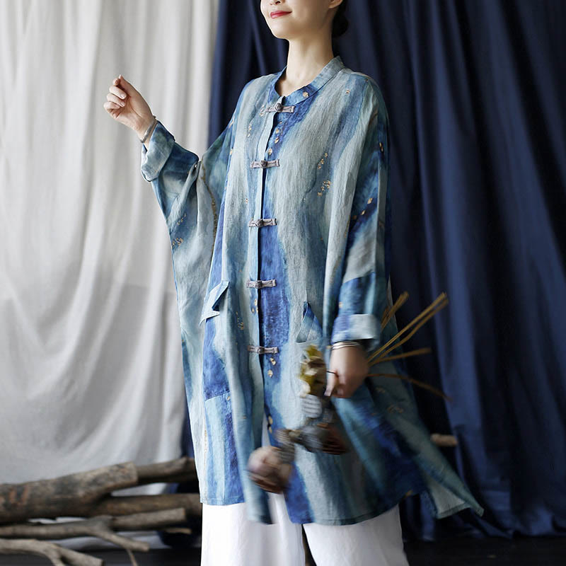 Buddha Stones Blue White Beige Small Flower Frog-button Design Long Sleeve Ramie Linen Jacket Shirt With Pockets