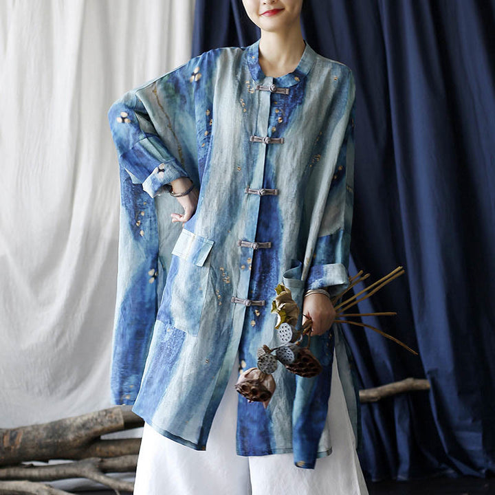 Buddha Stones Blue White Beige Small Flower Frog-button Design Long Sleeve Ramie Linen Jacket Shirt With Pockets