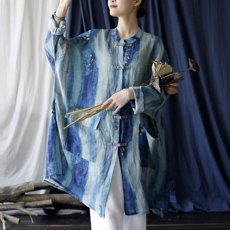 Buddha Stones Blue White Beige Small Flower Frog-button Design Long Sleeve Ramie Linen Jacket Shirt With Pockets