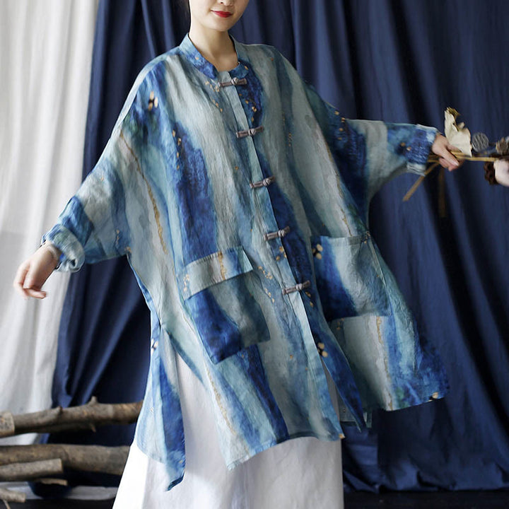 Buddha Stones Blue White Beige Small Flower Frog-button Design Long Sleeve Ramie Linen Jacket Shirt With Pockets