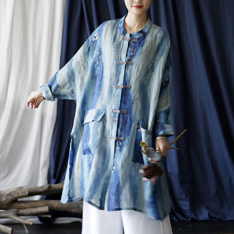 Buddha Stones Blue White Beige Small Flower Frog-button Design Long Sleeve Ramie Linen Jacket Shirt With Pockets