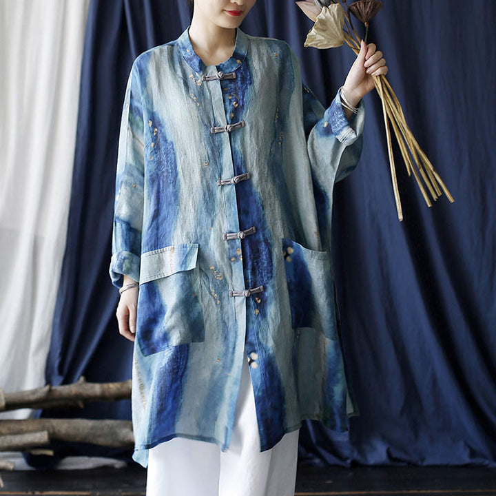 Buddha Stones Blue White Beige Small Flower Frog-button Design Long Sleeve Ramie Linen Jacket Shirt With Pockets