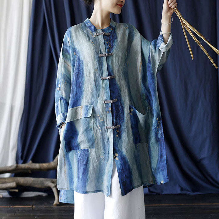 Buddha Stones Blue White Beige Small Flower Frog-button Design Long Sleeve Ramie Linen Jacket Shirt With Pockets