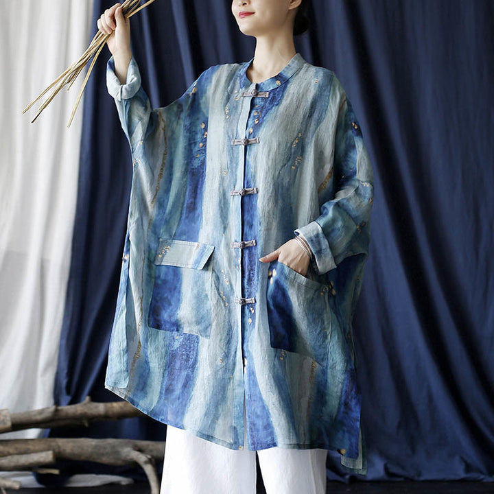 Buddha Stones Blue White Beige Small Flower Frog-button Design Long Sleeve Ramie Linen Jacket Shirt With Pockets