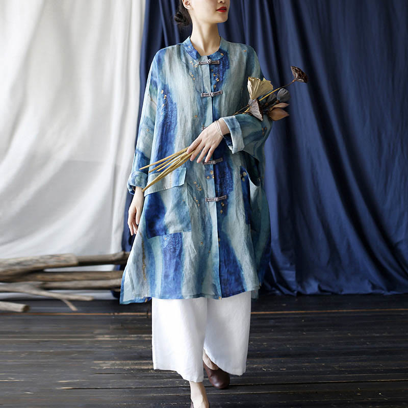 Buddha Stones Blue White Beige Small Flower Frog-button Design Long Sleeve Ramie Linen Jacket Shirt With Pockets