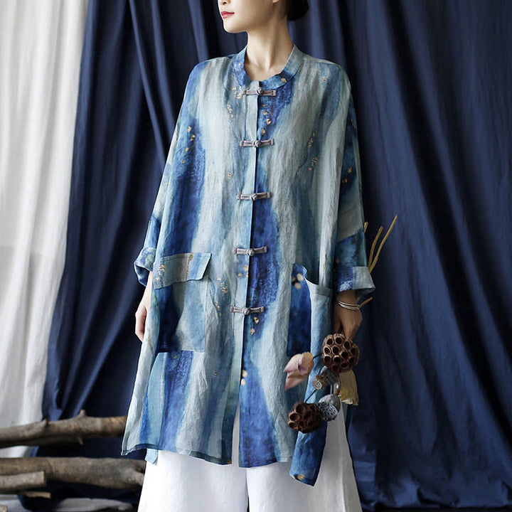 Buddha Stones Blue White Beige Small Flower Frog-button Design Long Sleeve Ramie Linen Jacket Shirt With Pockets