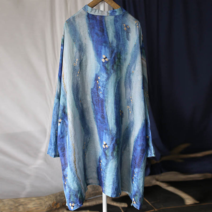 Buddha Stones Blue White Beige Small Flower Frog-button Design Long Sleeve Ramie Linen Jacket Shirt With Pockets