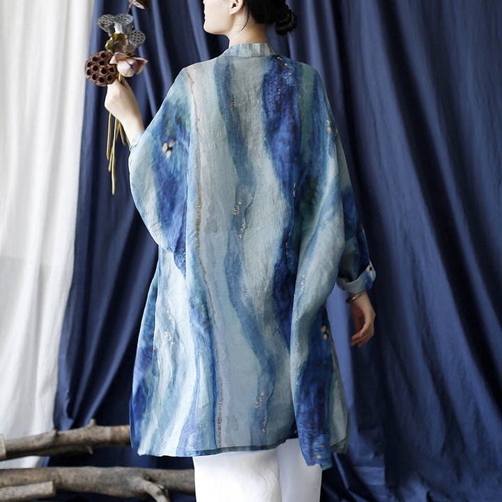 Buddha Stones Blue White Beige Small Flower Frog-button Design Long Sleeve Ramie Linen Jacket Shirt With Pockets