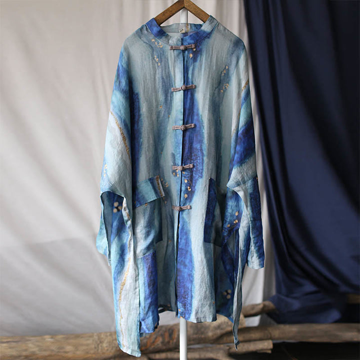 Buddha Stones Blue White Beige Small Flower Frog-button Design Long Sleeve Ramie Linen Jacket Shirt With Pockets