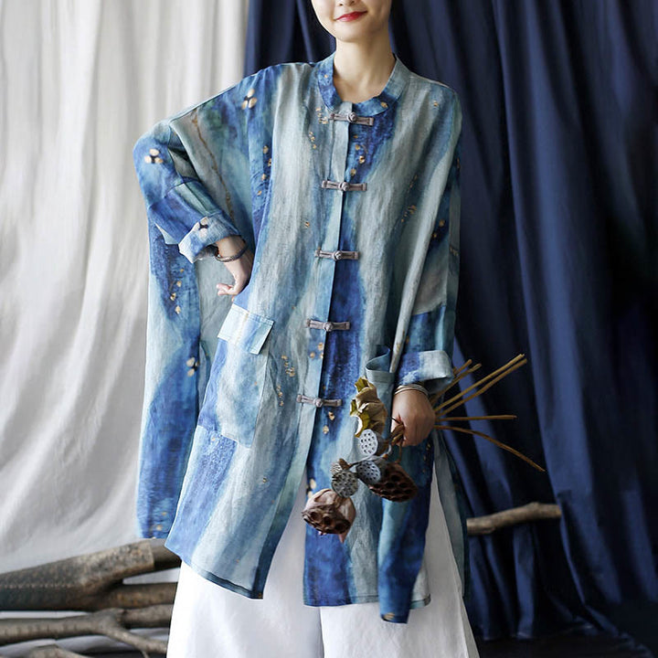 Buddha Stones Blue White Beige Small Flower Frog-button Design Long Sleeve Ramie Linen Jacket Shirt With Pockets