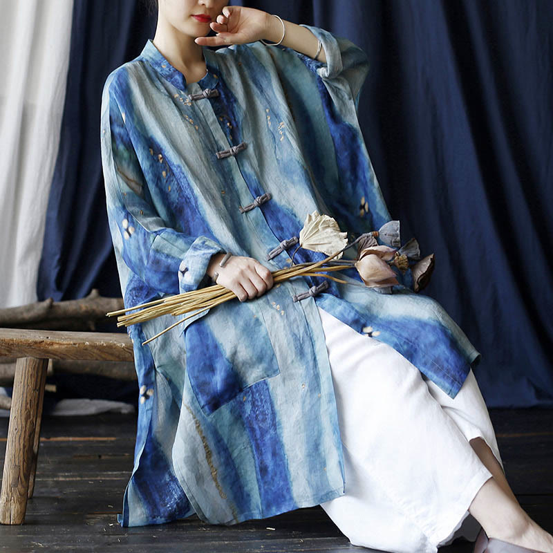 Buddha Stones Blue White Beige Small Flower Frog-button Design Long Sleeve Ramie Linen Jacket Shirt With Pockets