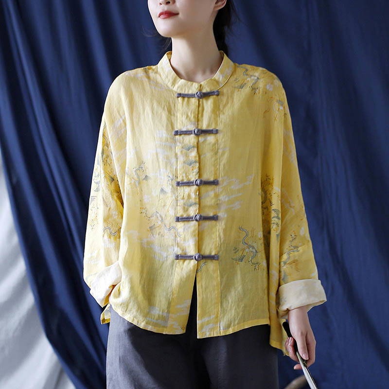 Buddha Stones Yellow Phoenix Print Frog-button Design Long Sleeve Ramie Linen Jacket Shirt