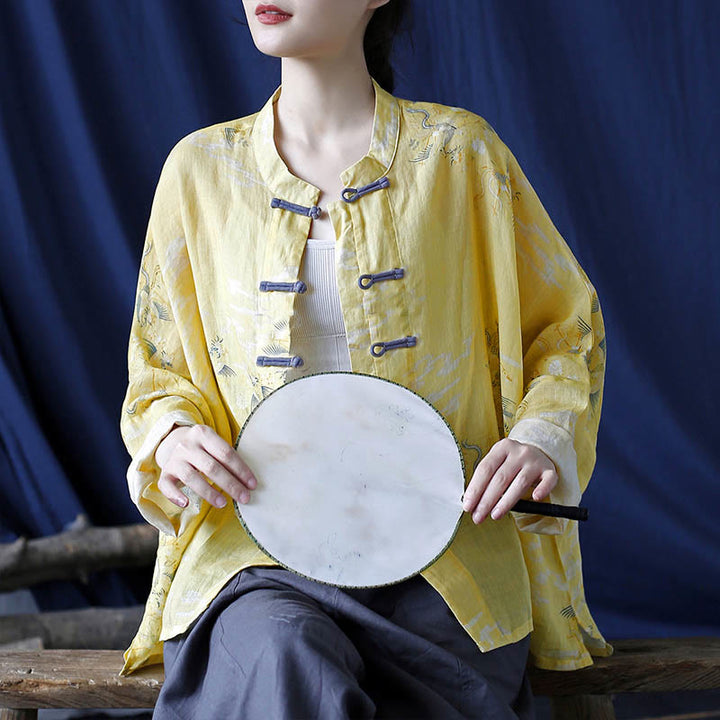Buddha Stones Yellow Phoenix Print Frog-button Design Long Sleeve Ramie Linen Jacket Shirt - image 7
