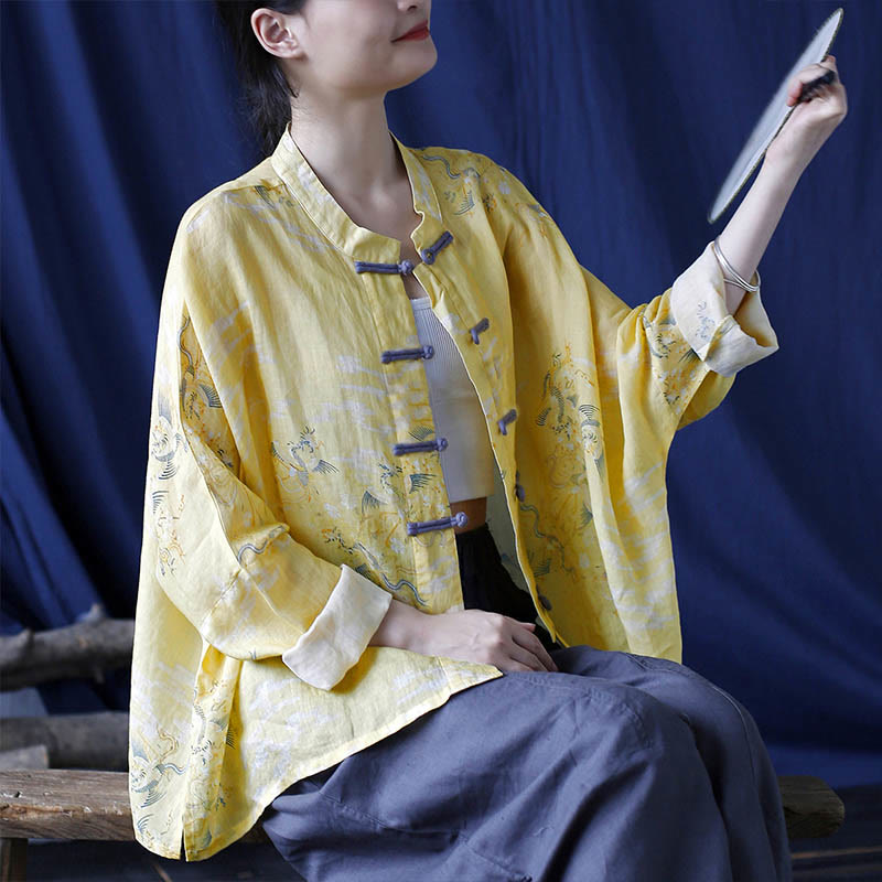 Buddha Stones Yellow Phoenix Print Frog-button Design Long Sleeve Ramie Linen Jacket Shirt - image 8