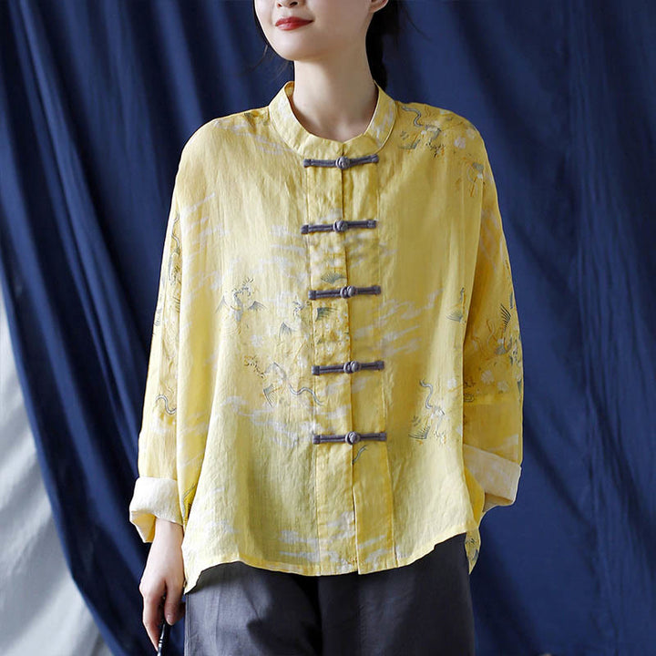 Buddha Stones Yellow Phoenix Print Frog-button Design Long Sleeve Ramie Linen Jacket Shirt