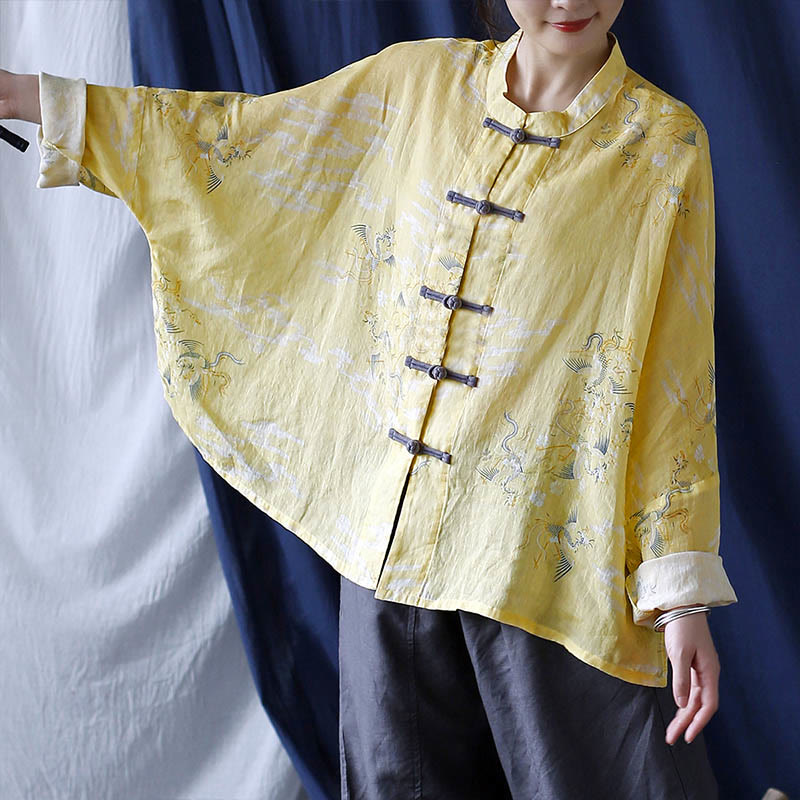 Buddha Stones Yellow Phoenix Print Frog-button Design Long Sleeve Ramie Linen Jacket Shirt - image 11