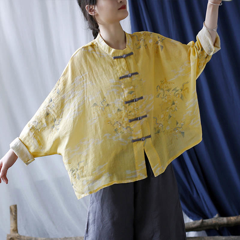 Buddha Stones Yellow Phoenix Print Frog-button Design Long Sleeve Ramie Linen Jacket Shirt - image 10