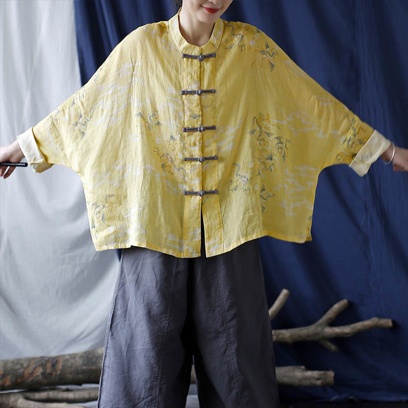 Buddha Stones Yellow Phoenix Print Frog-button Design Long Sleeve Ramie Linen Jacket Shirt - image 14