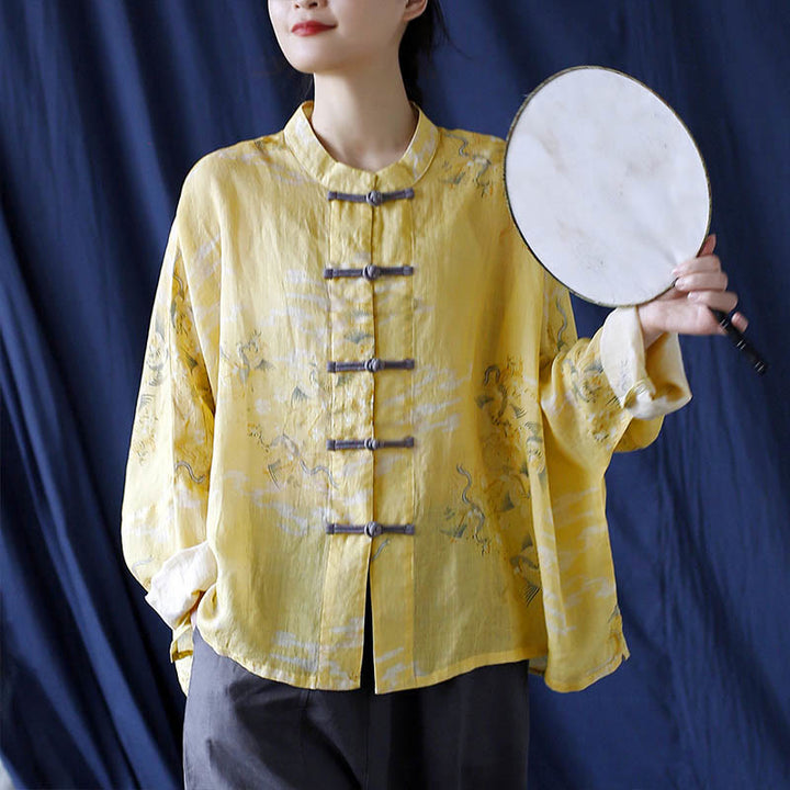 Buddha Stones Yellow Phoenix Print Frog-button Design Long Sleeve Ramie Linen Jacket Shirt - image 13