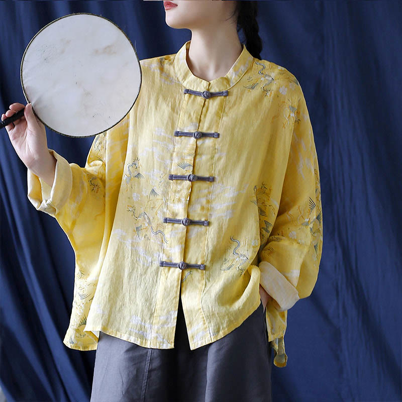 Buddha Stones Yellow Phoenix Print Frog-button Design Long Sleeve Ramie Linen Jacket Shirt - Yellow Phoenix Short Style(Fit for US4-14; UK/AU8-18; EU36-46)(Jacket Only) - image 0