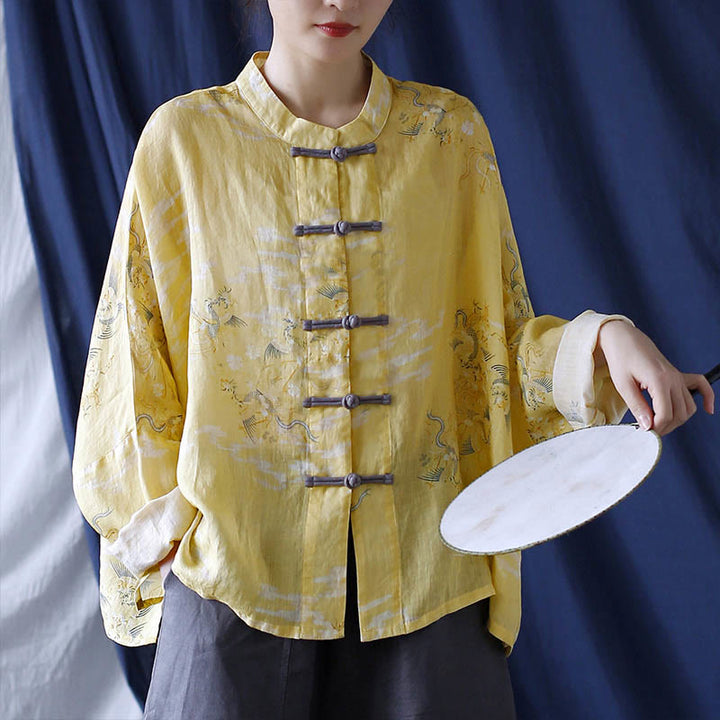 Buddha Stones Yellow Phoenix Print Frog-button Design Long Sleeve Ramie Linen Jacket Shirt