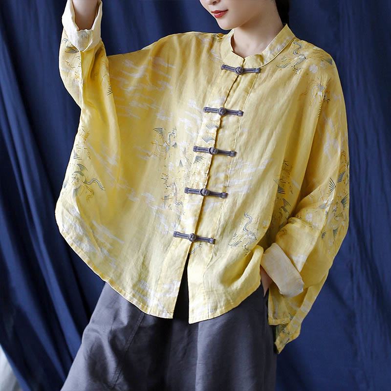 Buddha Stones Yellow Phoenix Print Frog-button Design Long Sleeve Ramie Linen Jacket Shirt - image 17