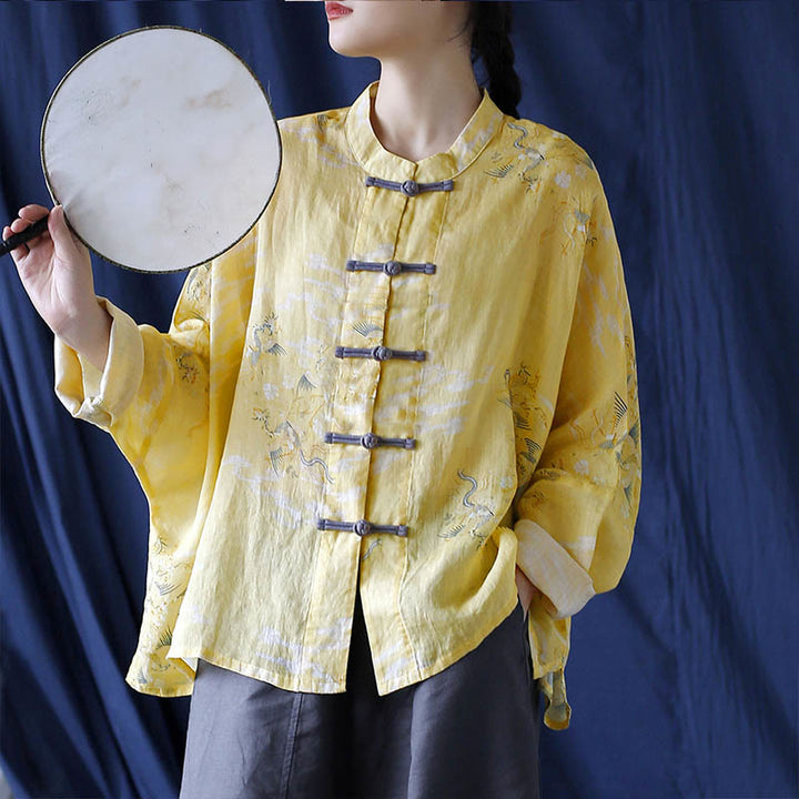 Buddha Stones Yellow Phoenix Print Frog-button Design Long Sleeve Ramie Linen Jacket Shirt - Yellow Phoenix Short Style(Fit for US4-14; UK/AU8-18; EU36-46)(Jacket Only) - image 0