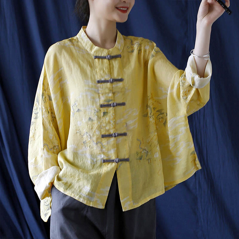 Buddha Stones Yellow Phoenix Print Frog-button Design Long Sleeve Ramie Linen Jacket Shirt