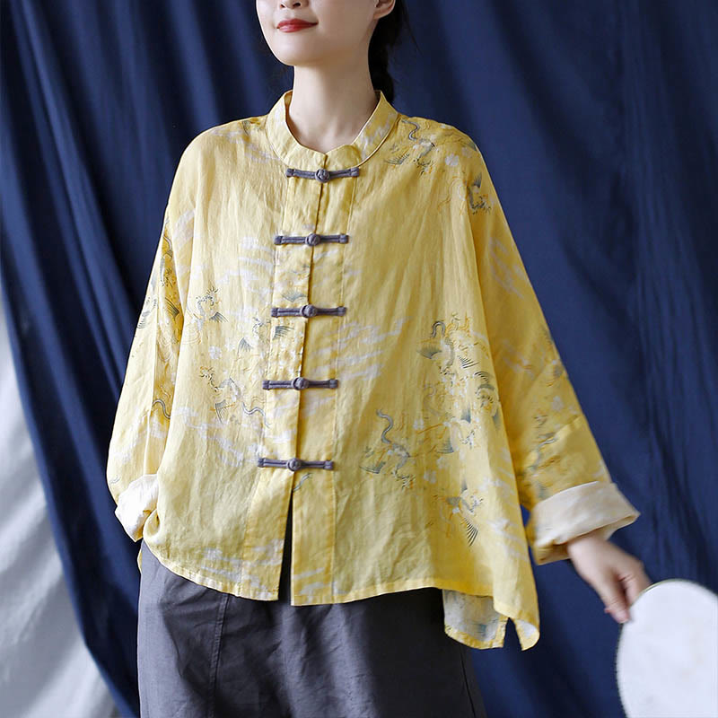 Buddha Stones Yellow Phoenix Print Frog-button Design Long Sleeve Ramie Linen Jacket Shirt - image 18
