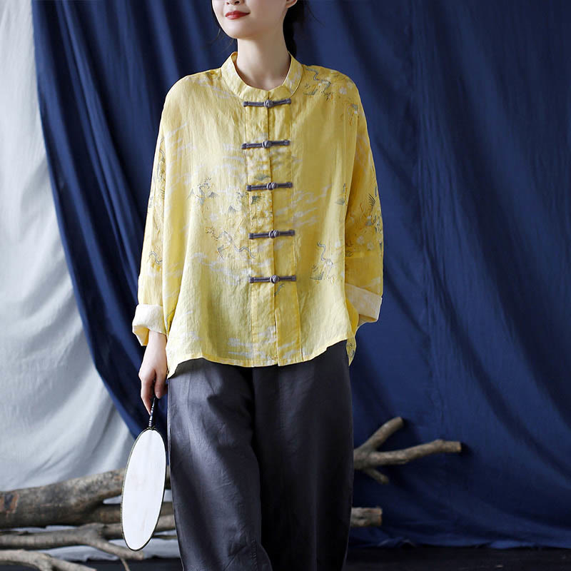 Buddha Stones Yellow Phoenix Print Frog-button Design Long Sleeve Ramie Linen Jacket Shirt - image 19