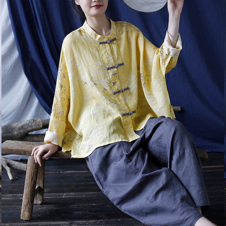 Buddha Stones Yellow Phoenix Print Frog-button Design Long Sleeve Ramie Linen Jacket Shirt