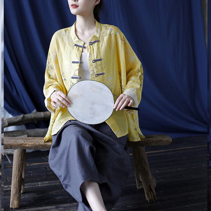 Buddha Stones Yellow Phoenix Print Frog-button Design Long Sleeve Ramie Linen Jacket Shirt - image 21