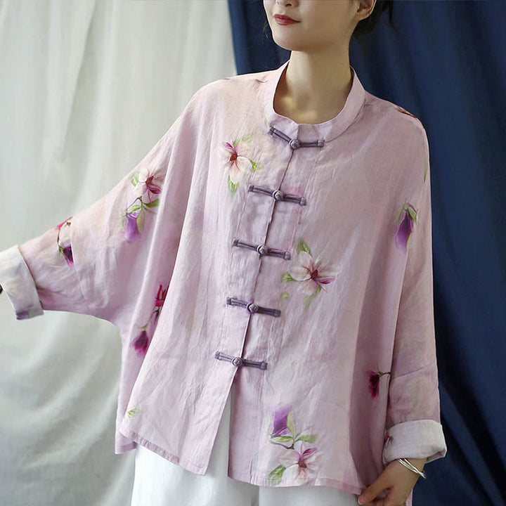 Buddha Stones Pink Flower Print Frog-button Design Batwing Long Sleeve Ramie Linen Jacket Shirt