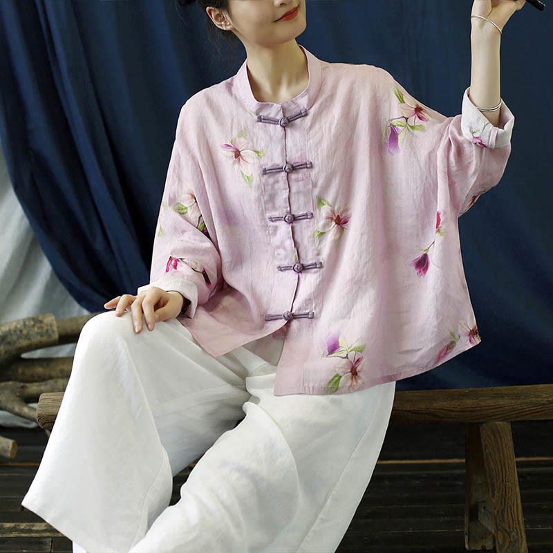 Buddha Stones Pink Flower Print Frog-button Design Batwing Long Sleeve Ramie Linen Jacket Shirt