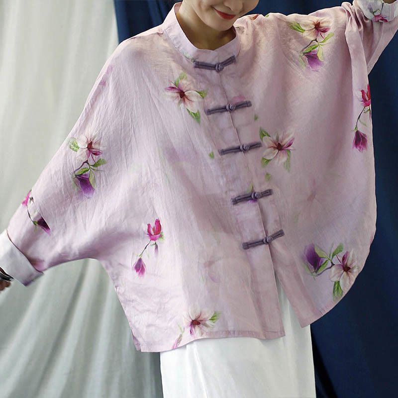 Buddha Stones Pink Flower Print Frog-button Design Batwing Long Sleeve Ramie Linen Jacket Shirt