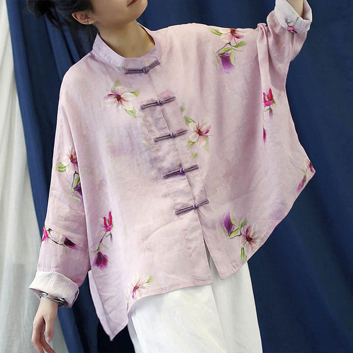 Buddha Stones Pink Flower Print Frog-button Design Batwing Long Sleeve Ramie Linen Jacket Shirt - image 4