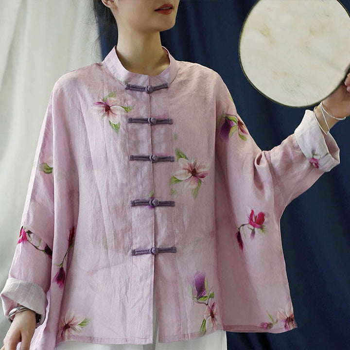 Buddha Stones Pink Flower Print Frog-button Design Batwing Long Sleeve Ramie Linen Jacket Shirt