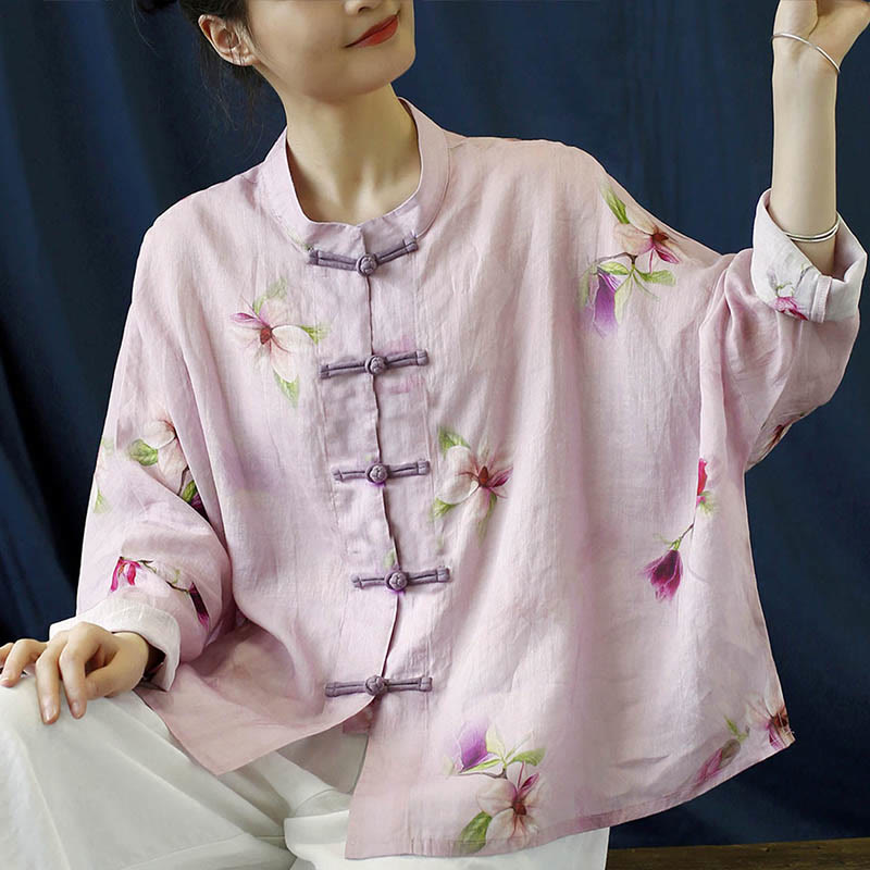 Buddha Stones Pink Flower Print Frog-button Design Batwing Long Sleeve Ramie Linen Jacket Shirt