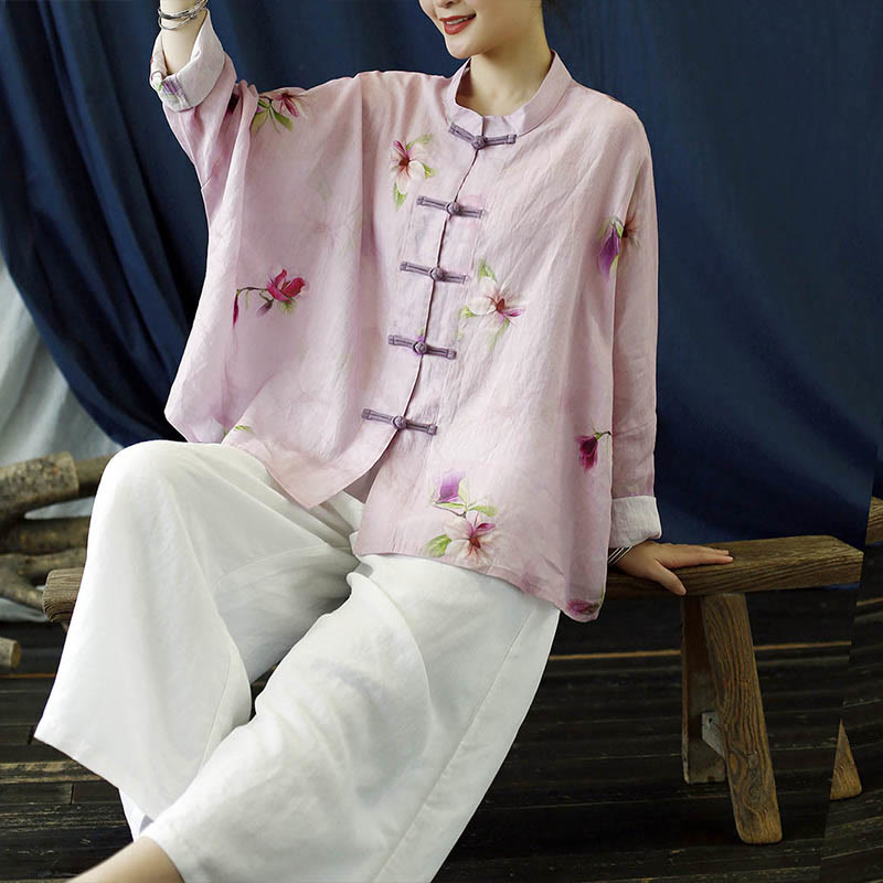 Buddha Stones Pink Flower Print Frog-button Design Batwing Long Sleeve Ramie Linen Jacket Shirt